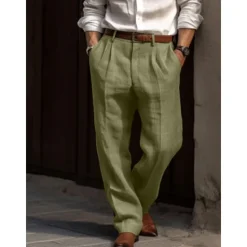 Online OUKU Men's Linen Pants Trousers Summer Pants Pleated Pants Dress Slacks Front Pocket Straight Leg Plain Comfort Breathable Casual Daily Holiday Fashion Basic Black White