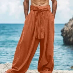 Outlet OUKU Men's Linen Pants Trousers Summer Pants Drawstring Elastic Waist Wide Leg Plain Comfort Breathable Full Length Casual Daily Holiday Fashion Classic Style Loose Fit White Navy Blue Micro-elastic