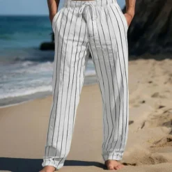 Clearance OUKU Men's Linen Pants Trousers Summer Pants Beach Pants Elastic Waist Drawstring Straight Leg Stripe Comfort Breathable Full Length Casual Daily Holiday Vacation Fashion Black White