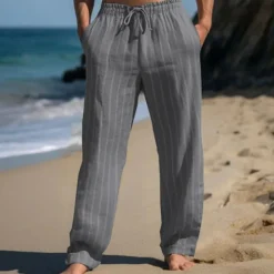 Clearance OUKU Men's Linen Pants Trousers Summer Pants Beach Pants Elastic Waist Drawstring Straight Leg Stripe Comfort Breathable Full Length Casual Daily Holiday Vacation Fashion Black White
