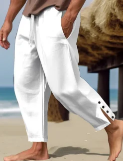 Online OUKU Men's Linen Pants Trousers Summer Pants Beach Pants Buttons Drawstring Elastic Waist Plain Comfort Breathable Full Length Casual Daily Holiday Fashion Classic Style White Blue