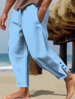 Online OUKU Men's Linen Pants Trousers Summer Pants Beach Pants Buttons Drawstring Elastic Waist Plain Comfort Breathable Full Length Casual Daily Holiday Fashion Classic Style White Blue