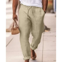 OUKU Men's Linen Pants Trousers Summer Pants Drawstring Elastic Waist Plain Comfort Breathable Full Length Daily Going out Beach Fashion Simple Navy Blue Sky Blue Micro-elastic