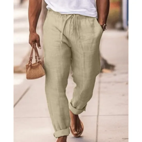 OUKU Men's Linen Pants Trousers Summer Pants Drawstring Elastic Waist Plain Comfort Breathable Full Length Daily Going out Beach Fashion Simple Navy Blue Sky Blue Micro-elastic
