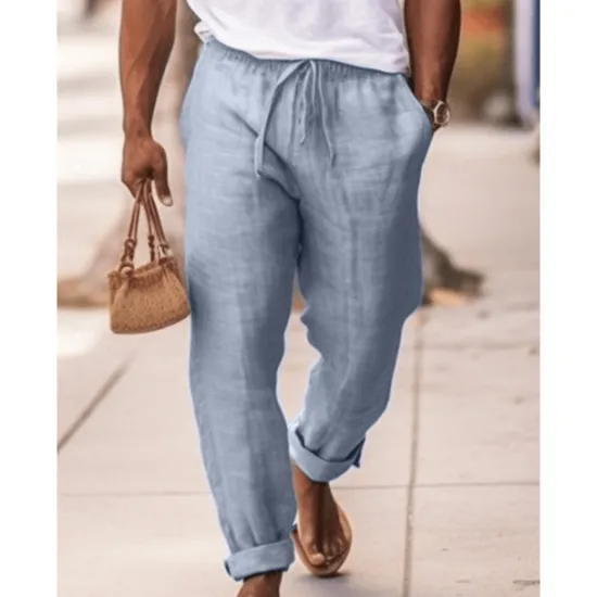 OUKU Men's Linen Pants Trousers Summer Pants Drawstring Elastic Waist Plain Comfort Breathable Full Length Daily Going out Beach Fashion Simple Navy Blue Sky Blue Micro-elastic