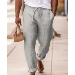 OUKU Men's Linen Pants Trousers Summer Pants Drawstring Elastic Waist Plain Comfort Breathable Full Length Daily Going out Beach Fashion Simple Navy Blue Sky Blue Micro-elastic