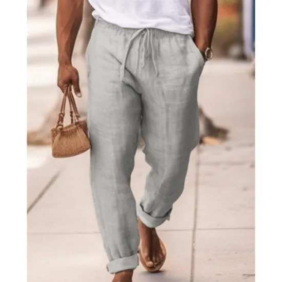 OUKU Men's Linen Pants Trousers Summer Pants Drawstring Elastic Waist Plain Comfort Breathable Full Length Daily Going out Beach Fashion Simple Navy Blue Sky Blue Micro-elastic