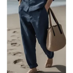 OUKU Men's Linen Pants Trousers Summer Pants Drawstring Elastic Waist Plain Comfort Breathable Full Length Daily Going out Beach Fashion Simple Navy Blue Sky Blue Micro-elastic