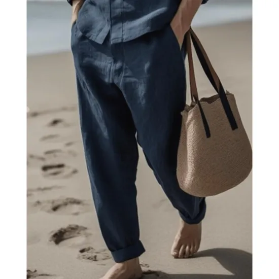 OUKU Men's Linen Pants Trousers Summer Pants Drawstring Elastic Waist Plain Comfort Breathable Full Length Daily Going out Beach Fashion Simple Navy Blue Sky Blue Micro-elastic