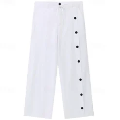 Clearance OUKU Men's Linen Pants Trousers Summer Pants Beach Pants Drawstring Side Button Straight Leg Plain Comfort Breathable Full Length Casual Daily Holiday Fashion Classic Style Black White