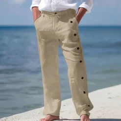 Clearance OUKU Men's Linen Pants Trousers Summer Pants Beach Pants Drawstring Side Button Straight Leg Plain Comfort Breathable Full Length Casual Daily Holiday Fashion Classic Style Black White