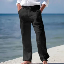 Clearance OUKU Men's Linen Pants Trousers Summer Pants Beach Pants Drawstring Side Button Straight Leg Plain Comfort Breathable Full Length Casual Daily Holiday Fashion Classic Style Black White
