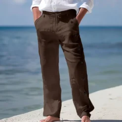 Clearance OUKU Men's Linen Pants Trousers Summer Pants Beach Pants Drawstring Side Button Straight Leg Plain Comfort Breathable Full Length Casual Daily Holiday Fashion Classic Style Black White