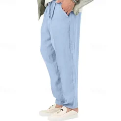 Clearance OUKU Men's Linen Pants Trousers Summer Pants Beach Pants Pocket Drawstring Elastic Waist Plain Comfort Breathable Vacation Daily Holiday Hawaiian Boho Black White