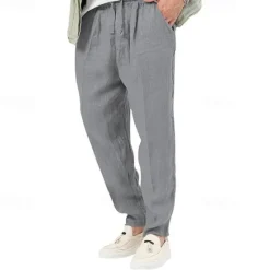 Clearance OUKU Men's Linen Pants Trousers Summer Pants Beach Pants Pocket Drawstring Elastic Waist Plain Comfort Breathable Vacation Daily Holiday Hawaiian Boho Black White