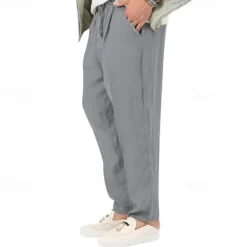 Clearance OUKU Men's Linen Pants Trousers Summer Pants Beach Pants Pocket Drawstring Elastic Waist Plain Comfort Breathable Vacation Daily Holiday Hawaiian Boho Black White