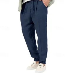 Clearance OUKU Men's Linen Pants Trousers Summer Pants Beach Pants Pocket Drawstring Elastic Waist Plain Comfort Breathable Vacation Daily Holiday Hawaiian Boho Black White