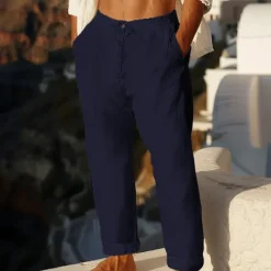 Outlet OUKU Men's Linen Pants Trousers Summer Pants Beach Pants Pocket Elastic Waist Plain Comfort Breathable Vacation Daily Holiday Hawaiian Boho Lake blue Black