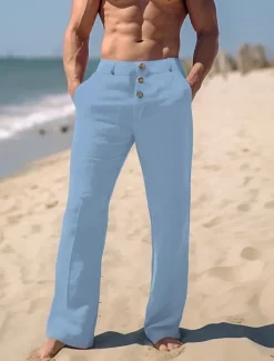 Hot OUKU Men's Linen Pants Trousers Summer Pants Beach Pants Front Pocket Straight Leg Plain Comfort Breathable Casual Daily Holiday Fashion Basic Black White