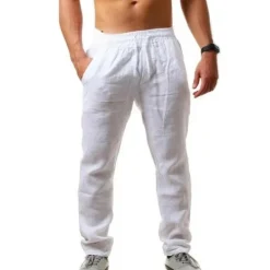 Hot OUKU Men's Linen Pants Trousers Beach Pants Pocket Drawstring Elastic Waistband Plain Comfort Breathable Daily Stylish Hip Hop Light Khaki Black Micro-elastic