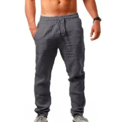 Hot OUKU Men's Linen Pants Trousers Beach Pants Pocket Drawstring Elastic Waistband Plain Comfort Breathable Daily Stylish Hip Hop Light Khaki Black Micro-elastic