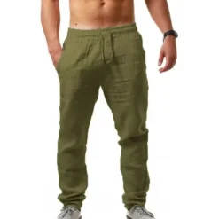 Hot OUKU Men's Linen Pants Trousers Beach Pants Pocket Drawstring Elastic Waistband Plain Comfort Breathable Daily Stylish Hip Hop Light Khaki Black Micro-elastic