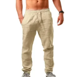 Hot OUKU Men's Linen Pants Trousers Beach Pants Pocket Drawstring Elastic Waistband Plain Comfort Breathable Daily Stylish Hip Hop Light Khaki Black Micro-elastic