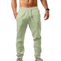 Hot OUKU Men's Linen Pants Trousers Beach Pants Pocket Drawstring Elastic Waistband Plain Comfort Breathable Daily Stylish Hip Hop Light Khaki Black Micro-elastic