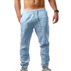 Hot OUKU Men's Linen Pants Trousers Beach Pants Pocket Drawstring Elastic Waistband Plain Comfort Breathable Daily Stylish Hip Hop Light Khaki Black Micro-elastic