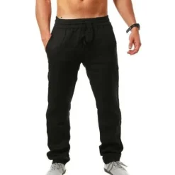 Hot OUKU Men's Linen Pants Trousers Beach Pants Pocket Drawstring Elastic Waistband Plain Comfort Breathable Daily Stylish Hip Hop Light Khaki Black Micro-elastic