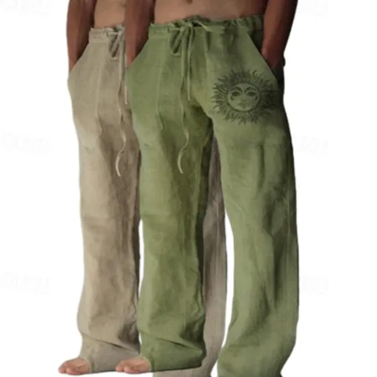Outlet OUKU Men's Linen Pants Trousers Summer Pants Baggy Pants Beach Pants Elastic Waist Drawstring Straight Leg Graphic Sun Soft Outdoor Full Length Outdoor Home Casual Fashion Streetwear Light gray+blue Light