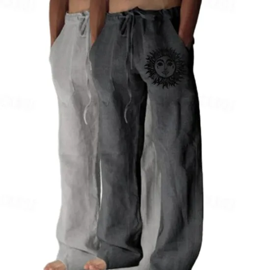 Outlet OUKU Men's Linen Pants Trousers Summer Pants Baggy Pants Beach Pants Elastic Waist Drawstring Straight Leg Graphic Sun Soft Outdoor Full Length Outdoor Home Casual Fashion Streetwear Light gray+blue Light