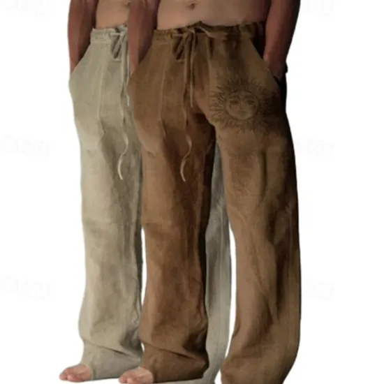 Outlet OUKU Men's Linen Pants Trousers Summer Pants Baggy Pants Beach Pants Elastic Waist Drawstring Straight Leg Graphic Sun Soft Outdoor Full Length Outdoor Home Casual Fashion Streetwear Light gray+blue Light