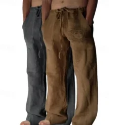 Outlet OUKU Men's Linen Pants Trousers Summer Pants Baggy Pants Beach Pants Elastic Waist Drawstring Straight Leg Graphic Sun Soft Outdoor Full Length Outdoor Home Casual Fashion Streetwear Light gray+blue Light