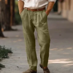 Sale OUKU Men's Linen Pants Trousers Summer Pants Pleated Pants Dress Slacks Front Pocket Straight Leg Plain Comfort Breathable Full Length Casual Daily Holiday Fashion Basic Black White