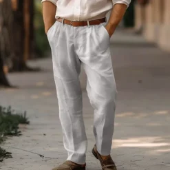 Sale OUKU Men's Linen Pants Trousers Summer Pants Pleated Pants Dress Slacks Front Pocket Straight Leg Plain Comfort Breathable Full Length Casual Daily Holiday Fashion Basic Black White