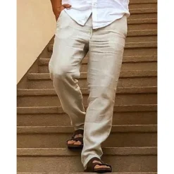 New OUKU Men's Linen Pants Trousers Summer Pants Drawstring Elastic Waist Plain Comfort Soft Daily Beach Fashion Simple Micro-elastic Khaki