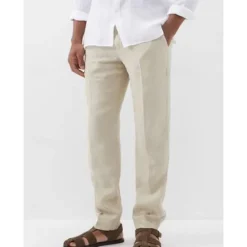 Sale OUKU Men's Linen Pants Trousers Summer Pants Beach Pants Straight Leg Plain Comfort Outdoor Casual Daily Streetwear Stylish White Navy Blue