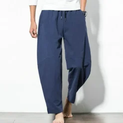 Online OUKU Men's Linen Pants Trousers Summer Pants Straight Pocket Elastic Waist Solid Color Comfort Breathable Ankle-Length Daily Holiday Fashion Streetwear Black Navy Blue Micro-elastic
