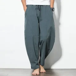Online OUKU Men's Linen Pants Trousers Summer Pants Straight Pocket Elastic Waist Solid Color Comfort Breathable Ankle-Length Daily Holiday Fashion Streetwear Black Navy Blue Micro-elastic
