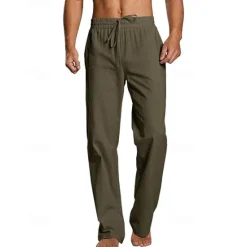Hot OUKU Men's Linen Pants Trousers Summer Pants Beach Pants Pocket Drawstring Elastic Waist Plain Comfort Breathable Daily Holiday Vacation Hawaiian Boho Dark Brown ArmyGreen