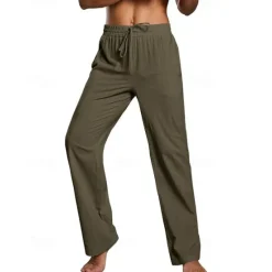 Hot OUKU Men's Linen Pants Trousers Summer Pants Beach Pants Pocket Drawstring Elastic Waist Plain Comfort Breathable Daily Holiday Vacation Hawaiian Boho Dark Brown ArmyGreen