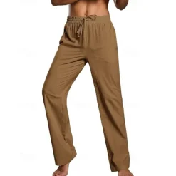 Hot OUKU Men's Linen Pants Trousers Summer Pants Beach Pants Pocket Drawstring Elastic Waist Plain Comfort Breathable Daily Holiday Vacation Hawaiian Boho Dark Brown ArmyGreen