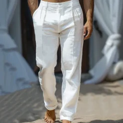 Hot OUKU Men's Linen Pants Trousers Summer Pants Front Pocket Straight Leg Plain Comfort Breathable Casual Daily Holiday Fashion Basic White Beige