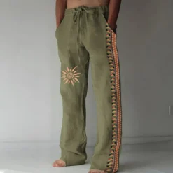 OUKU Men's Linen Pants Trousers Summer Pants Beach Pants Drawstring Elastic Waist 3D Print Geometric Pattern Graphic Prints Comfort Casual Daily Holiday Vintage Ethnic Style Black Navy Blue