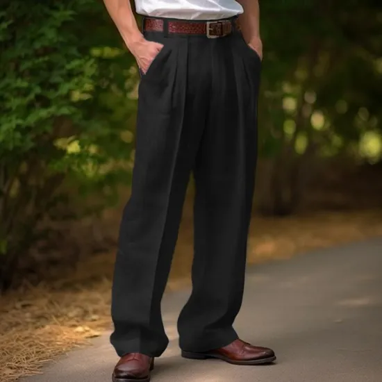 Discount OUKU Men's Linen Pants Trousers Summer Pants Front Pocket Pleats Straight Leg Plain Comfort Breathable Casual Daily Holiday Fashion Basic Black White