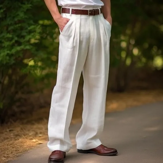 Discount OUKU Men's Linen Pants Trousers Summer Pants Front Pocket Pleats Straight Leg Plain Comfort Breathable Casual Daily Holiday Fashion Basic Black White