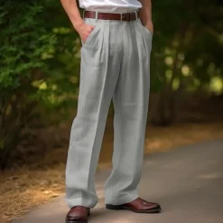 Discount OUKU Men's Linen Pants Trousers Summer Pants Front Pocket Pleats Straight Leg Plain Comfort Breathable Casual Daily Holiday Fashion Basic Black White