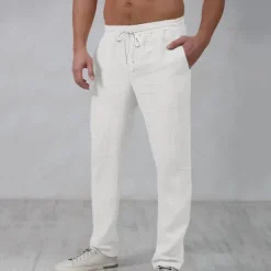Outlet OUKU Men's Linen Pants Trousers Summer Pants Beach Pants Drawstring Elastic Waist Straight Leg Plain Comfort Outdoor Casual Daily Streetwear Stylish White Navy Blue