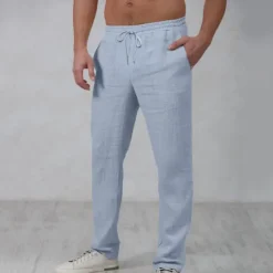 Outlet OUKU Men's Linen Pants Trousers Summer Pants Beach Pants Drawstring Elastic Waist Straight Leg Plain Comfort Outdoor Casual Daily Streetwear Stylish White Navy Blue